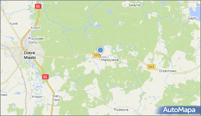 mapa Międzylesie, Międzylesie gmina Dobre Miasto na mapie Targeo